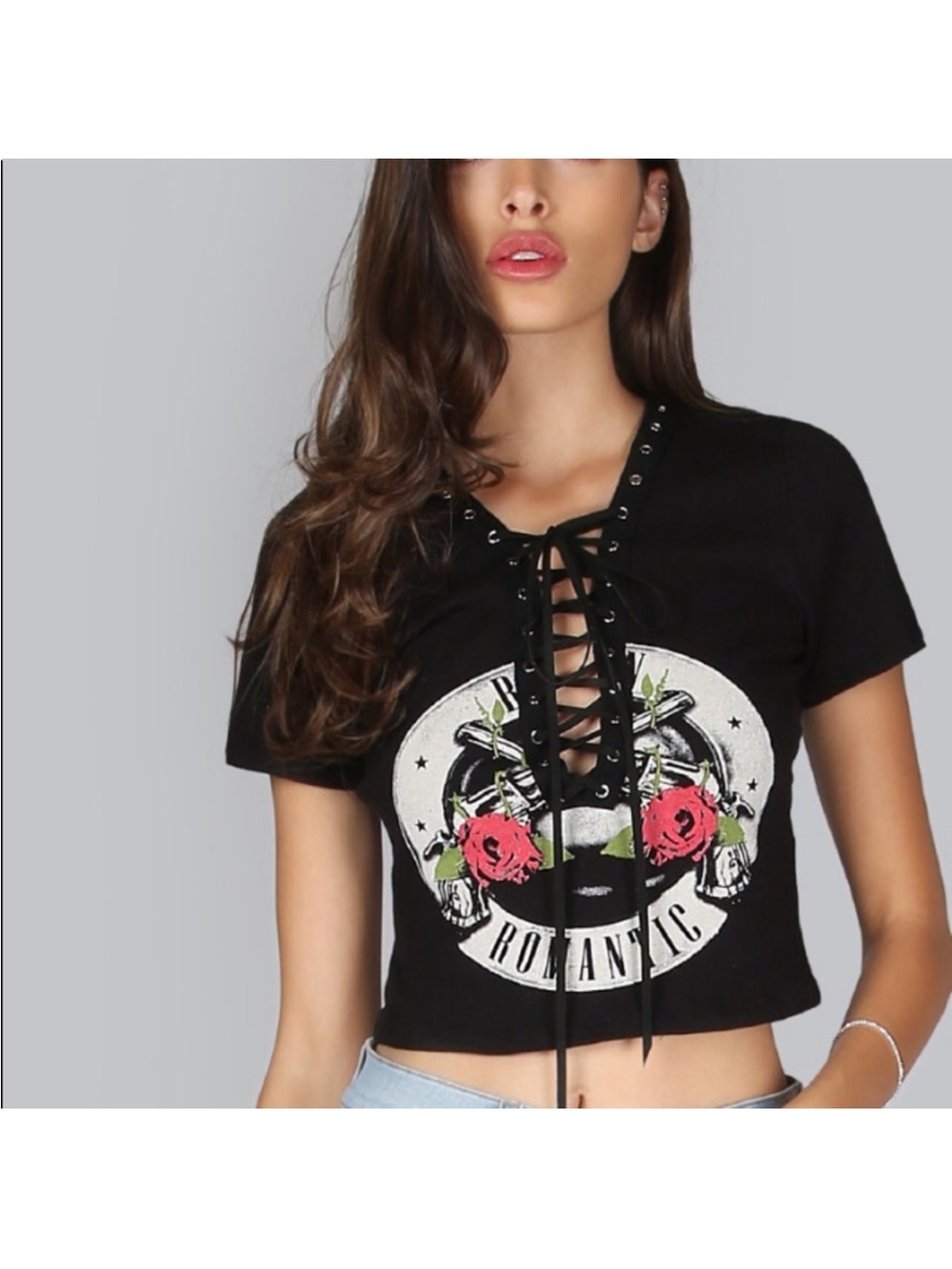 Black Lace-Up Graphic Crop Top with Rose Skull Motif